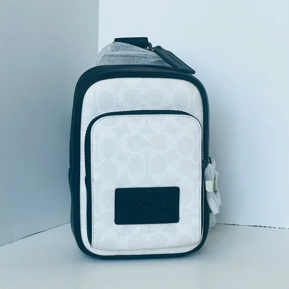 Coach Racer Sling Pack CV763 Black Chalk Signature Canvas Leather Crossbody